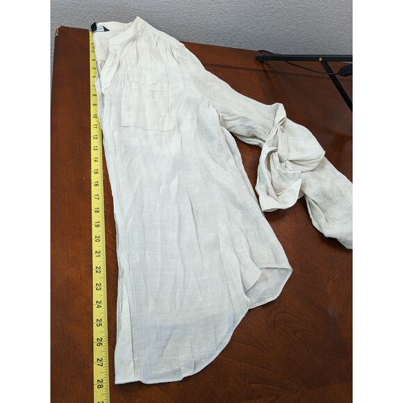 Zac & Rachel Draped Blouse L Cream Split V Neck Roll Tab Sleeve Tunic Button Up - Picture 6 of 9
